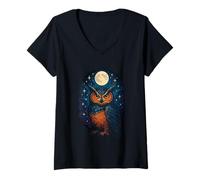 Women's Wise Owl Watching Bright Lunar Orb & Stellar Field V-Neck T-Shirt