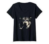 Women's Wise Wolf with Glasses Smoking Pipe Vintage Style Art V-Neck T-Shirt