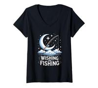 Womens Wishing Was Fishing - Night Fishing Moon Stars V-Neck T-Shirt