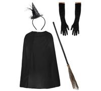 Women's Witch Accessory Costume Set - Black Cape, Mini Hat Headband & Long Gloves - Halloween Fancy Dress Outfit Kit