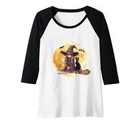 Womens Witch and Black Cat on a Broom Under the Full Moon Halloween Raglan Baseball Tee