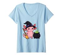 Womens Witch Axolotl Halloween Cute Kawaii Animal Design V-Neck T-Shirt