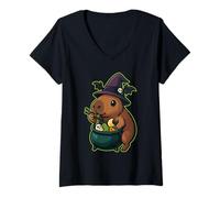 Womens Witch Capybara Ramen Cauldron Kawaii Halloween V-Neck T-Shirt