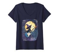 Womens Witch Cat Playing Guitar Cat Halloween Cat Kitten Lover Kids V-Neck T-Shirt