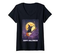 Womens Witch Cat Playing Guitar Cat Halloween Cat Kitten Lover Kids V-Neck T-Shirt