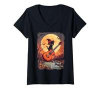 Womens Witch Cat Riding Guitar Cat Halloween Cat Kitten Lover Kids V-Neck T-Shirt