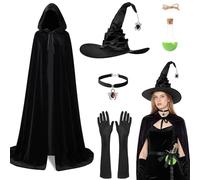 Women's Witch Costume Set of 5 - 150 cm Witch Cape with Hood & Witch Hat & Long Gloves & Potion Bottle & Gothic Witch Accessories, Halloween Costume Women's Witch Witch Costume for Halloween Carnival
