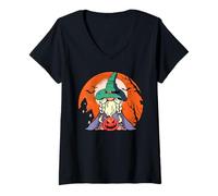 Women's Witch Gnome Pumpkin Lantern Spooky Halloween V-Neck T-Shirt