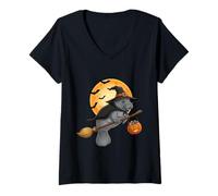 Womens Witch Manatee Flying with Moon and Pumpkin Art V-Neck T-Shirt