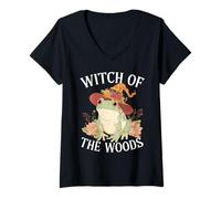 Womens Witch of The Woods Cute Frog Cottagecore V-Neck T-Shirt