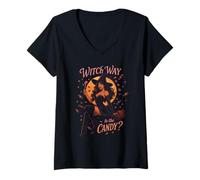 Womens Witch Way to The Candy Adult Halloween Witch for Women V-Neck T-Shirt