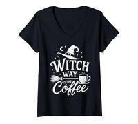 Women's Witch Way to the Coffee Funny Halloween Caffeine Lover V-Neck T-Shirt