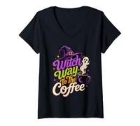 Women's Witch Way to The Coffee Funny Witchy Halloween Typography V-Neck T-Shirt