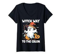 Women's Witch Way to the Colon Cute Ghost Halloween Endoscopy Nurse V-Neck T-Shirt