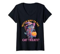 Womens Witch Way to The Dog Treats? - Cute Cat Halloween V-Neck T-Shirt