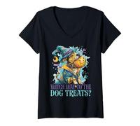 Womens Witch Way to The Dog Treats? - Cute Dog Halloween V-Neck T-Shirt