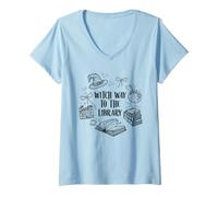 Women's Witch Way to the Library Halloween Librarian Reading Teacher V-Neck T-Shirt