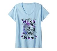 Women's Witch Way to The Wine Drinking Halloween Skeleton Witches V-Neck T-Shirt