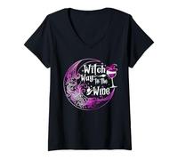 Womens Witch Way to The Wine Drinking Witches Lover Moon Halloween V-Neck T-Shirt
