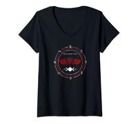 Womens Witchcraft Goth Moth Moon Phase Pagan Occult Red and Black V-Neck T-Shirt