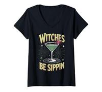 Womens Witches Be Sippin’ Funny Halloween Cocktail Design V-Neck T-Shirt