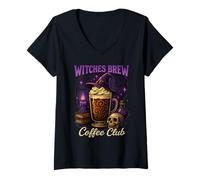 Womens Witches Brew Coffee Club Halloween Witch Hat Latte Design V-Neck T-Shirt