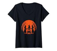 Womens Witches Circle Cauldron Halloween Moon V-Neck T-Shirt
