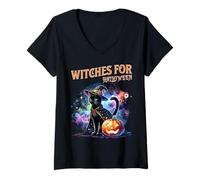 Womens Witches for Halloween Starry Cat Pumpkin Magic Scene V-Neck T-Shirt