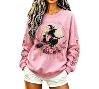 Women's Witches In October We Wear Pink Art Printed Sweatshirt | Halloween Witch Sweatshirts Spooky Season Fall Crewneck Tops Pink Long Sleeve Shirt