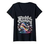 Womens Witchful Thinking Crystal Ball Halloween Vibes V-Neck T-Shirt