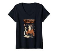 Womens 'Witchful Thinking' s Wine Witch Halloween s Book Readers V-Neck T-Shirt