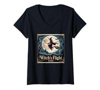 Womens Witch's Flight Tonic Spooky Magical Night Scene V-Neck T-Shirt
