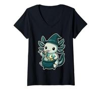 Womens Witchy Axolotl Ramen in Cauldron Kawaii Chibi Halloween V-Neck T-Shirt