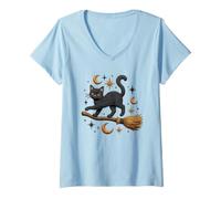 Women's Witchy Black Cat Flying Broom Celestial Magic V-Neck T-Shirt