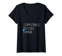 Womens Witchy Bohemian Boho Crystals Dogs Wine Celestial Moon Witch V-Neck T-Shirt