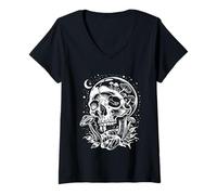 Women's Witchy Celestial Botanical Art, Mushroom Skull with Moon V-Neck T-Shirt