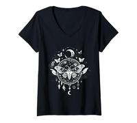 Women's Witchy Celestial Luna Moth Illustration Mandala V-Neck T-Shirt