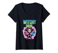 Womens Witchy Drop Magic Anime Halloween Kawaii Cute Girl V-Neck T-Shirt