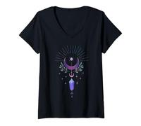 Womens Witchy Goth Crescent Moon Fluorite Crystal Pastel V-Neck T-Shirt