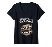 Womens Witchy Gothic Moon Phase Mood Swings Lunar Cycle V-Neck T-Shirt