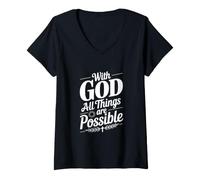 Women's with God All Things are Possible Inspirational Quote V-Neck T-Shirt