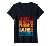 Women's with God All Things are Possible Matthew 19:26 Vintage V-Neck T-Shirt