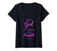 Women's with God All Things are Possible Matthew Bible Verse Faith V-Neck T-Shirt