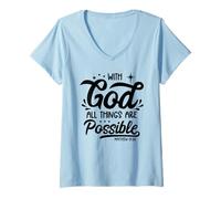 Womens with God All Things Possible - Bible Verse Christian Faith V-Neck T-Shirt