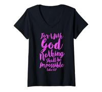 Women's with God Nothing Impossible Scripture Bible Verse Luke 1 V-Neck T-Shirt
