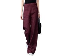 Women's with Pockets High Waist Wide Leg Linen Pants-Casual Loose Fit Elastic Straight Leg Long Pants for Work Daily Wear (Wine-red,L)