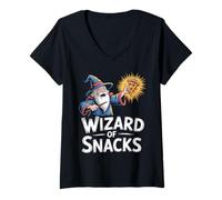 Womens Wizard of Snacks Conjuring Pizza Slice, Playful Snack Mage V-Neck T-Shirt