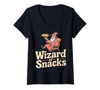 Womens Wizard of Snacks Conjuring Pizza Slice, Playful Snack Mage V-Neck T-Shirt