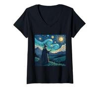 Womens Wizard Under Starry Sky with Glowing Staff Art V-Neck T-Shirt