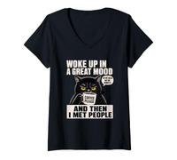 Women's Woke Up in A Great Mood and Then I Met People Cat Coffee V-Neck T-Shirt